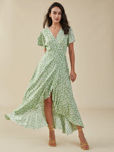 Floral Print Slit Knotted Short Sleeve Big Swing Maxi Dress