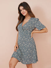 Floral Print Wrap V-neck Short Sleeve High Waist Chiffon Dress