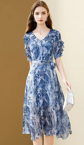 Floral Printing Chiffon V-Neck Elegant Office A-line Party Slim Midi Dresses