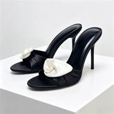 Flower Decoration Satin Mules Slippers Cute Open Toe High Stiletto Heel