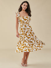 Flower Print Double Cap Sleeve Pocket Shirred Swing Dress