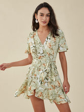 Flower Print Ruffle Belt Cross Front V-neck Short Sleeve Dress