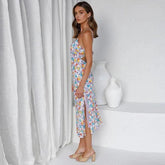 Flower Print Spaghetti Strap V-neck Midi Dress