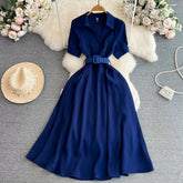 French Chic Summer Dress for Women Turn Down Collar Short Sleeve Belted