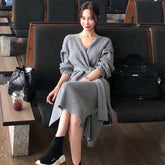 Full Sleeve Slim Waist Side Split V-neck Lace Up Sweater Dress