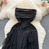 Gothic Strapless Long Dresses for Women Ruffles Lace-up Bandage Backless