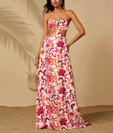 Halter Cutout Floral Backless Mini Evening Gown Leisure Beach Vacation Floor Length Dress