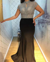 High Neck Short Sleeves Elastic Satin Long Formal Evening Prom Wedding Party Gowns