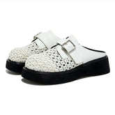 High Quality Leather Mesh Mules Slippers Openwork Design Wedge Heel