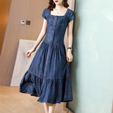 High Waist Print Square Collar Denim Dress