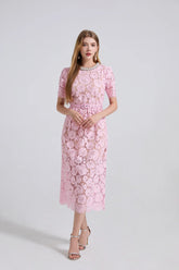 Hollow High Quality Diamonds Floral Short Sleeve Party Midi Dresses