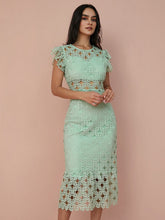 Hollow Lace Solid Ruffle Sleeve Midi Dress