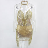 Hollow Out Halter Club Backless Short Glitter Mini Dress