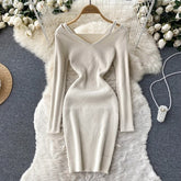 Hollow Out Long Sleeves V Neck Elastic Sweater Dress