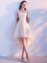 Short Sleeve Lace Applique Sash Round Neck A Line High Low Party Dresses
