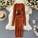 Knitted Long O Neck Long Sleeves Sweater Midi Dress