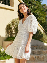 Lace Eyelet Solid Zip Lantern Sleeve V-neck Dress