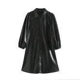 Casual Lantern Long Sleeve Street Wear PU Leather Mini Dress
