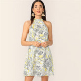 Casual Lemon Print Halter Short Mini Dress