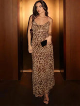 Leopard Print Swing Collar Spaghetti Straps Backless Ruffles Maxi Dress