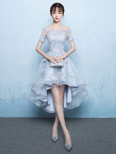 Off The Shoulder Applique Short Sleeve A Line Asymmetrical Graduation Dress