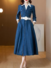 Long Mid-Calf Single Breasted Turn Down Collar Dress
