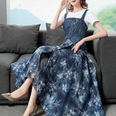Long Mid-calf Sleeveless Patchwork Denim Dresses