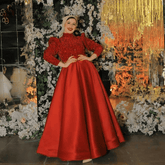 Long Puff Sleeves High Neck Aline Satin Evening Dress