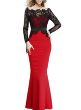 Long Sleeve Lace Bodice Overlay Maxi Dress