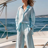 Casual Long Sleeve Turn-Down Collar Button Short Pants Solid Lady Sets