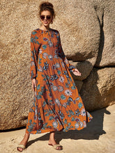 Long Sleeves Floral Print Jewel Neck Cotton Floor Length Dresses