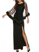 Long Sleeves Jewel Neck Split Front Layered Polyester Floor Length Maxi Dress
