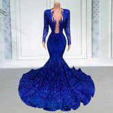 Elegant Mermaid Prom Party Long Sleeves O-neck Sequin Wedding Evening Gowns