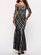 Long Sleeves Stripes Jewel Neck Pleated Layered Polyester Floor Length Maxi Dress