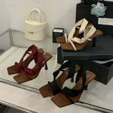 Luxury Designer High-heeled Mules with A Wrap-around Strap Square Toe Open-toe Slender Heel