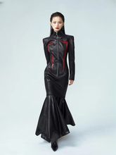 Luxury Designer stand Collar Patchwork Full Sleeve Leather Maxi Dress