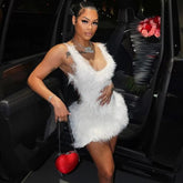 Luxury Fur Wrap Spaghetti Backless Bodycon Mini Dress