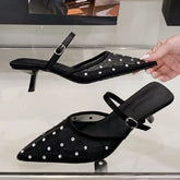 Luxury Mesh Rhinestone Sandals Pointed Toe Buckle Thin Heel