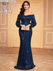 Luxury Off Shoulder Lantern Sleeve Draped Side Sequin Prom Long Dress
