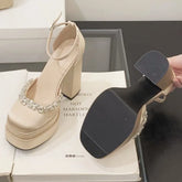 Luxury Rhinestone Satin Sandals Waterproof Double Platform Heel