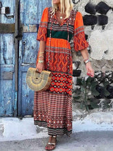 Maxi Dresses Designed Neckline Half Sleeves Printed Lace Up Boho Dress