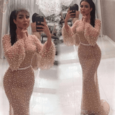 Evening Party Mermaid Long Sleeves Pearls Lace Formal Prom Wedding Party Gowns