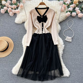 Mesh Bow V Neck Elegant A Line Knit Long Dress