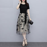 Mesh Casual O Neck Short Sleeve Midi Dress