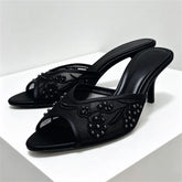 Mesh Embroidery String Bead Slippers Peep Toe Thin Heel