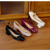 Leather Pumps Square Toe High Thick Heel