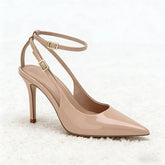Nude Patent Leather Ankle Strap Buckle Pumps Pointed Toe Stiletto Heel