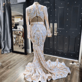 O Neck Backless Long Sleeves Sequined Prom Dresses