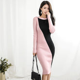 O-Neck Full Sleeve Hit Color Skinny Vestidos Patchwork Sweater Dress