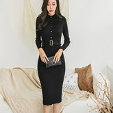 O-neck Full Sleeve Sashes Stretch Vestidos Single Breasted Sweater Dress